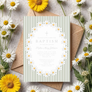 Invitation Baptême de Fille Florale Vert Sauge Élégant