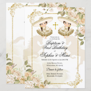 Invitation Baptême de fille jumelle mexicaine blanche et or