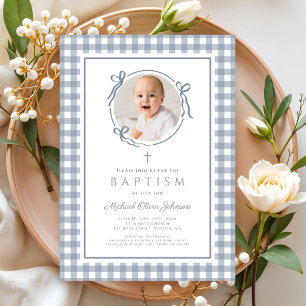 Invitation Baptême de fille photo gingham bleu poussiéreux él