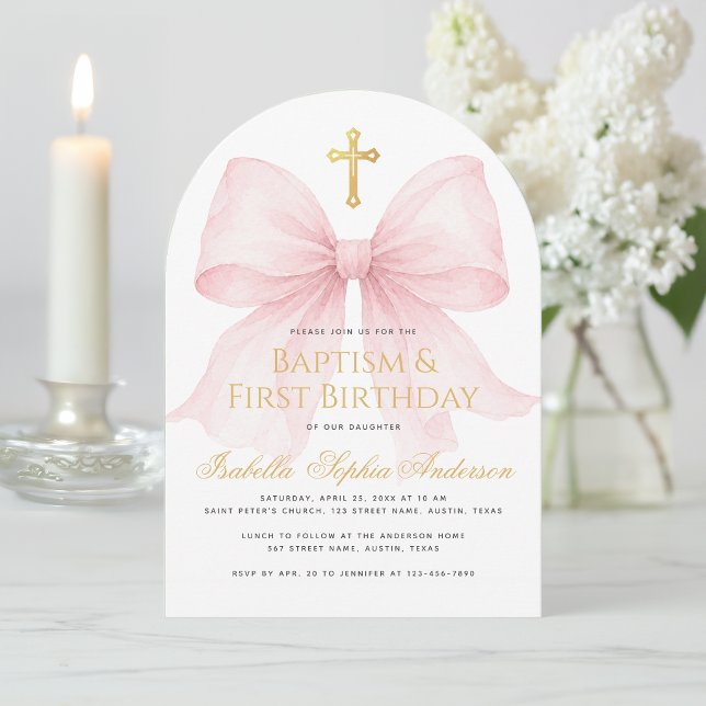 Invitation Baptême de fille & Premier Anniversaire Ruban Rose (Créateur téléchargé)