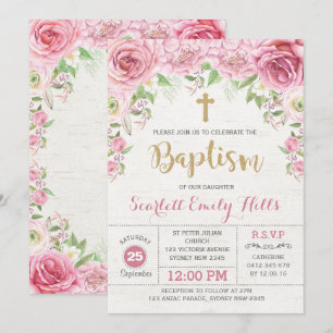 Invitation Baptême de fille Rose de la florale ros
