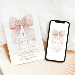 Invitation Baptême de fille rose florale