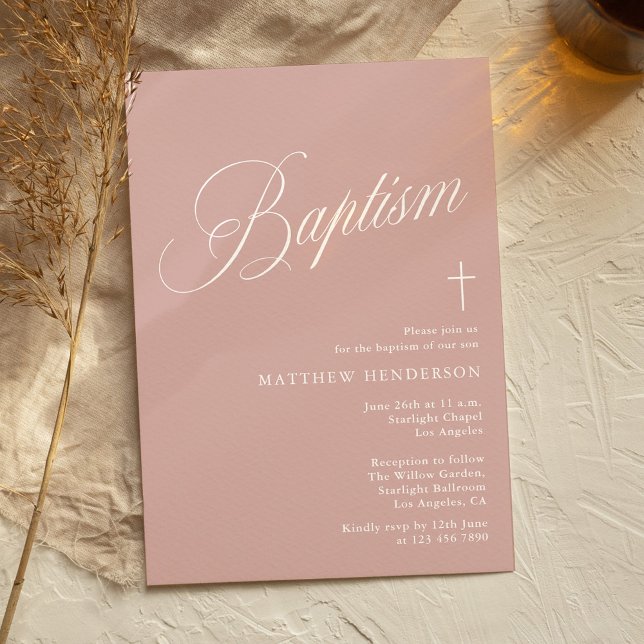 Invitation Baptême de fille rose poussiéreux écriture moderne (Créateur téléchargé)