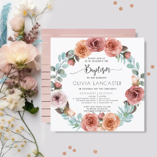 Invitation Baptême de fille unique, couronne Rose de fleurs d