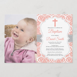 Invitation Baptême de filles Corail Rouge et Damas