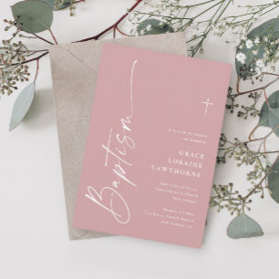 Invitation Baptême de Filles Rose Poussiéreux Écriture Élégan
