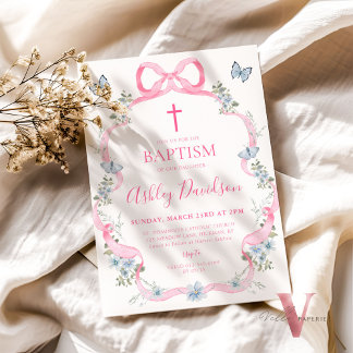 Invitation Baptême de Fleur sauvage floral bleu clair-rose