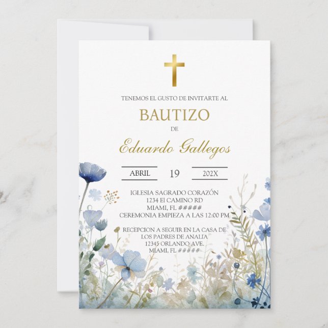 Invitation Baptême de fleurs sauvages bleues de printemps  (Devant)