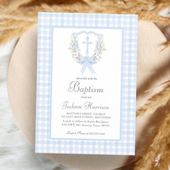 Invitation Baptême de garçon à carreaux bleus chic (Créateur téléchargé)