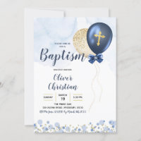 Invitation Baptême de garçon Bleu et Ballons d'or 