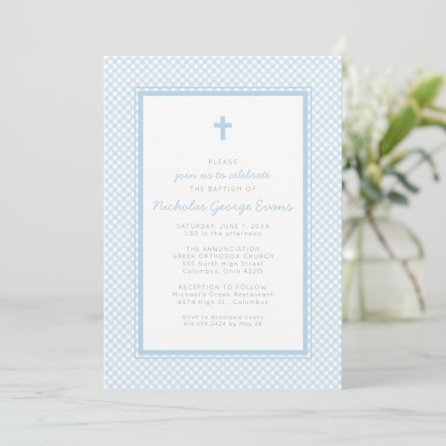 Invitation Baptême de garçon bleu gingham (Debout devant)