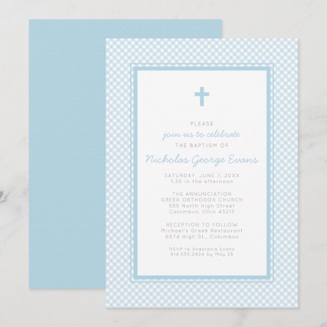 Invitation Baptême de garçon bleu gingham (Devant / Derrière)