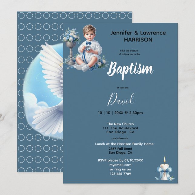 Invitation Baptême de garçon bleu Personnalisé (Devant / Derrière)
