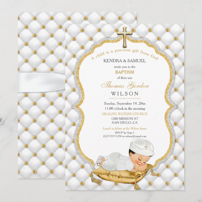Invitation Baptême de garçon Christening Croix en or (Devant / Derrière)