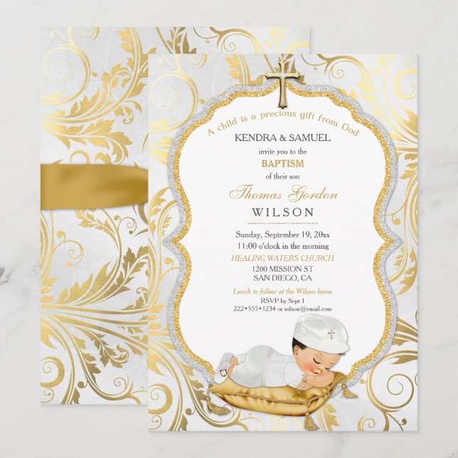 Invitation Baptême de garçon Christening Croix en or (Devant / Derrière)