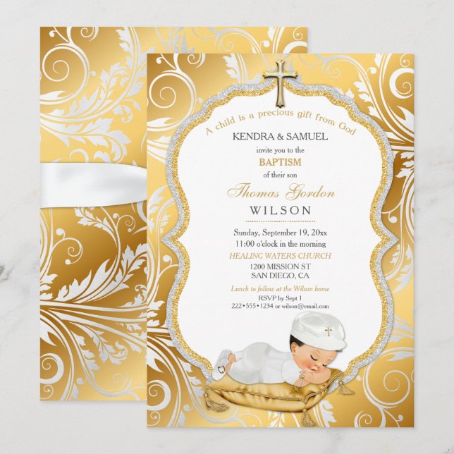 Invitation Baptême de garçon Christening Croix en or (Devant / Derrière)