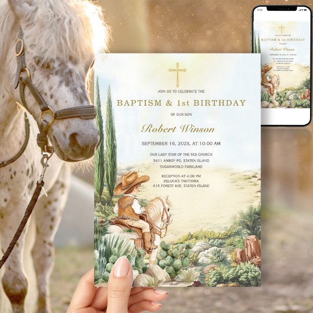 Invitation Baptême de garçon cow-boy western aquarelle (Créateur téléchargé)