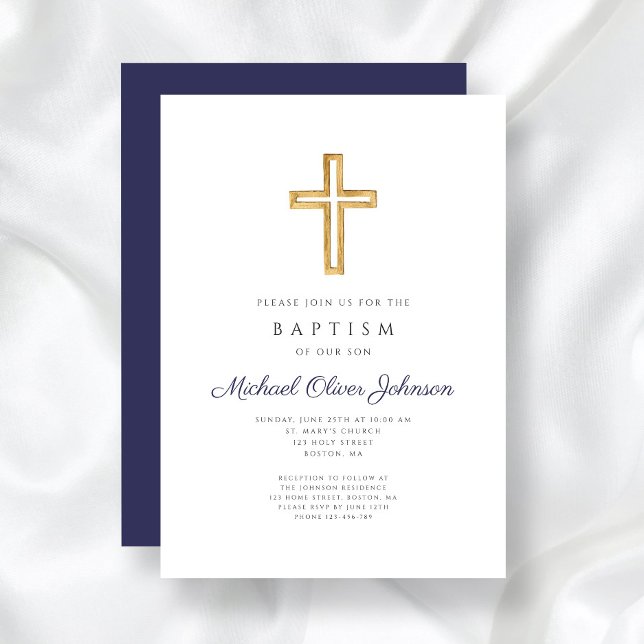 Invitation Baptême de garçon de la Croix Religieuse Bleue Mar (Navy Blue Religious Cross Boy Baptism Invitation)
