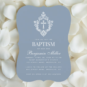 Invitation Baptême de garçon Dusty Bleu Élégant Vintage blanc