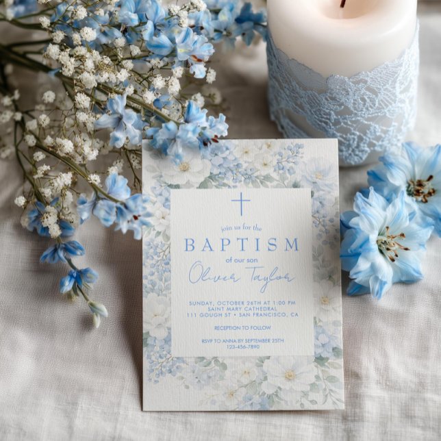 Invitation Baptême de garçon Floral Bleu (Créateur téléchargé)