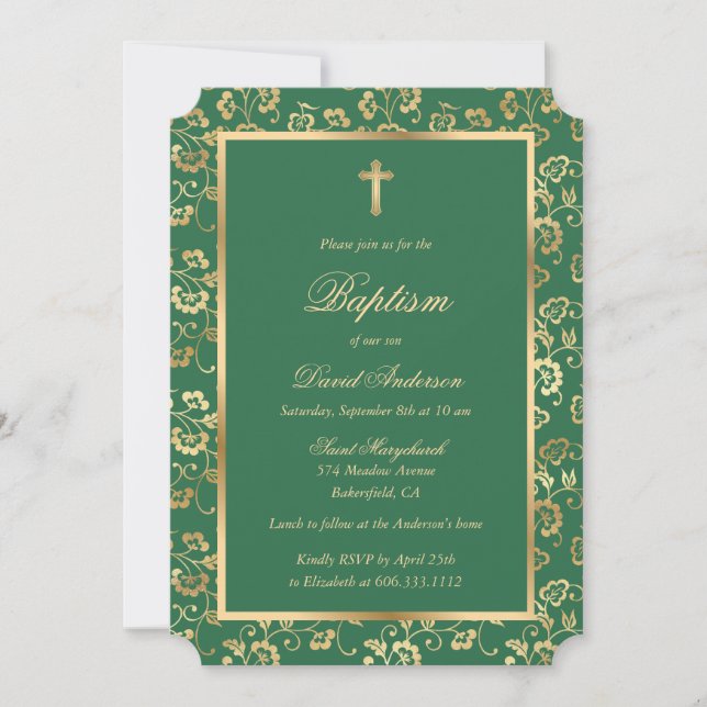 Invitation Baptême de Garçon Floral Vert Moderne (Devant)