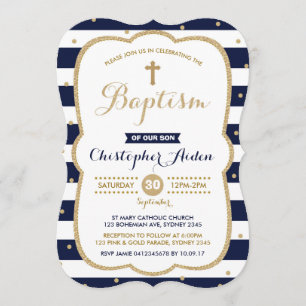 Invitation Baptême de Garçon Marine & Gold Confett