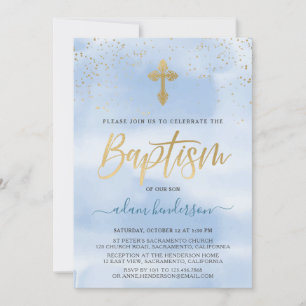 Invitation Baptême De Garçon Moderne Bleu Et Or
