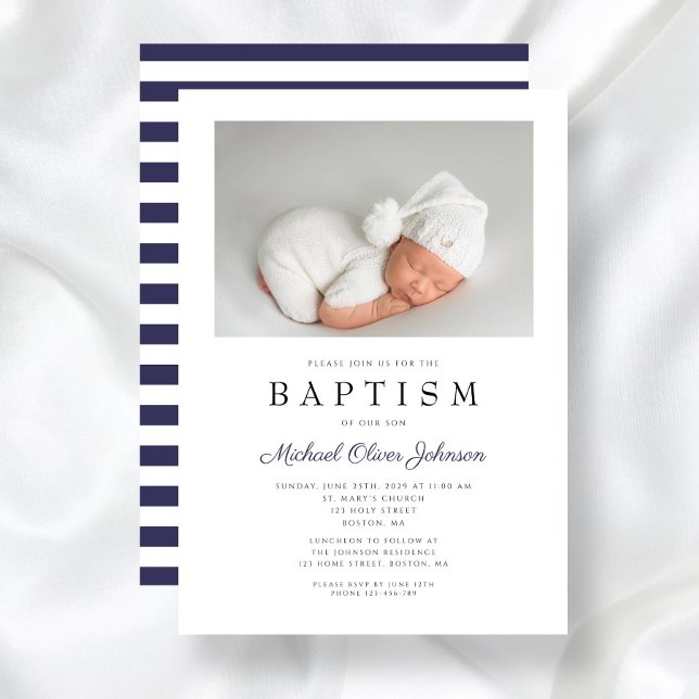 Invitation Baptême de garçon photo bleu marine moderne (Modern Navy Blue Photo Boy Baptism Invitation)