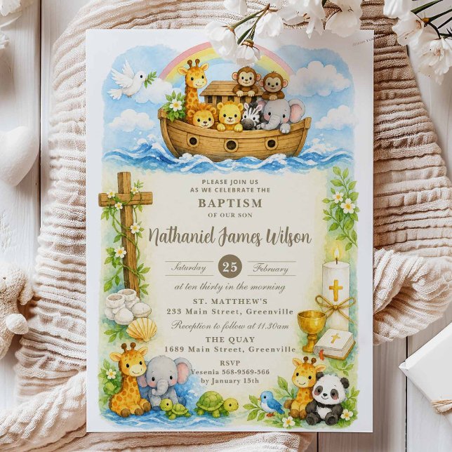 Invitation Baptême de garçons mignons animaux l'Arche de Noé  (Créateur téléchargé)