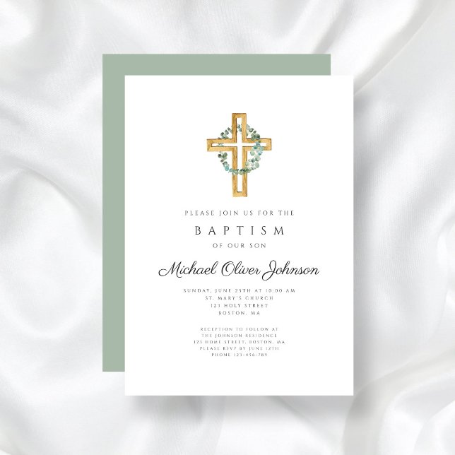 Invitation Baptême de germe végétal de la Croix Religieuse (Religious Cross Sage Green Floral Wreath Baptism Invitation)