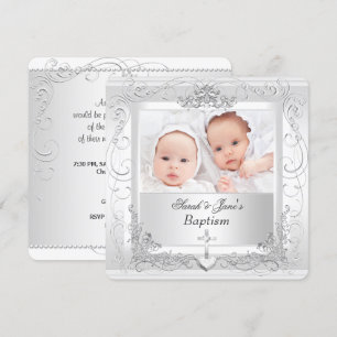 Invitation Baptême de jumeaux bébé fille garçon Blanc 2a