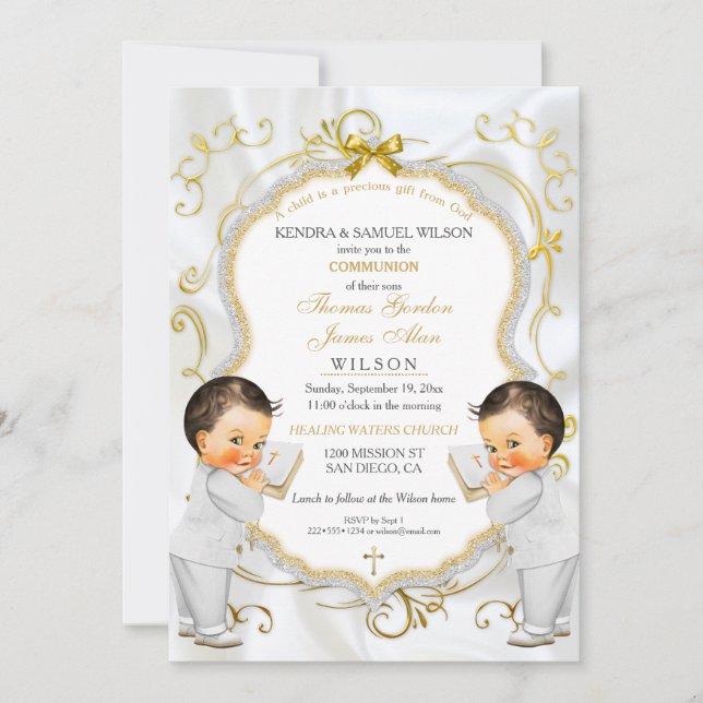 Invitation Baptême de jumeaux garçons Communion (Devant)