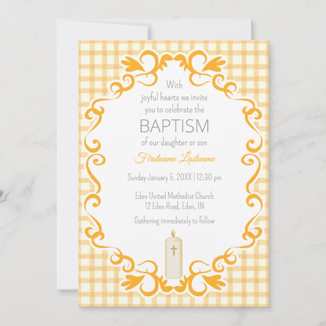Invitation Baptême de la bougie croisée Gingham 010 (Devant)