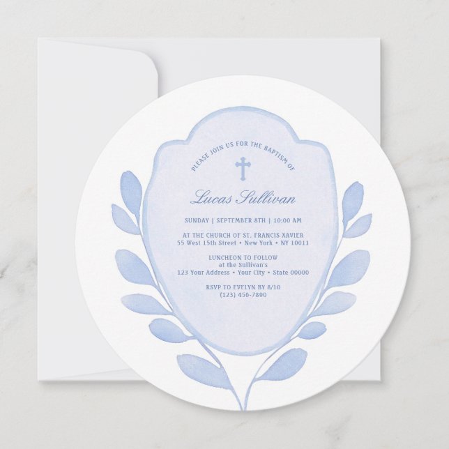 Invitation Baptême de la crête de feuillage bleu (Devant)