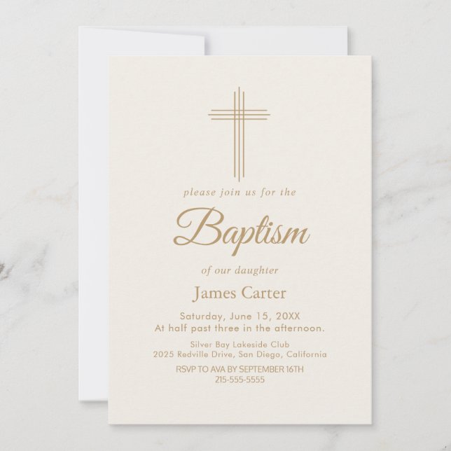Invitation Baptême de la Croix de Crème de Calligraphie Dorée (Devant)