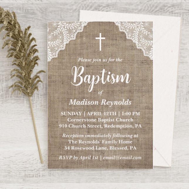Invitation Baptême de la croix de toile de jute rustique et d (Créateur téléchargé)
