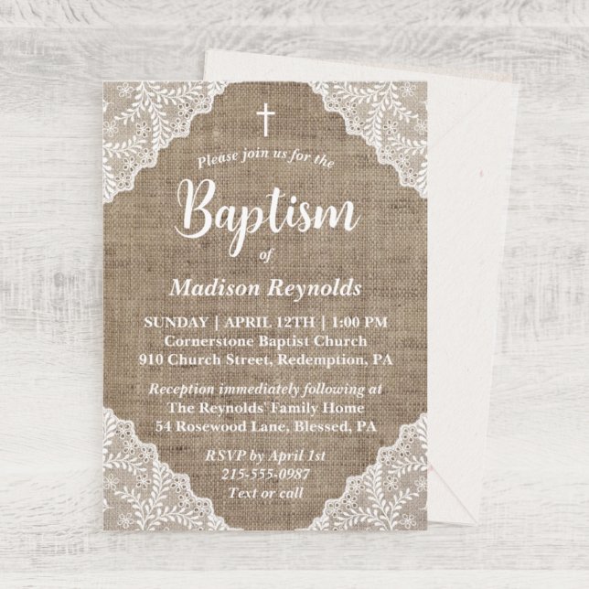 Invitation Baptême de la croix de toile de jute rustique et d (Créateur téléchargé)
