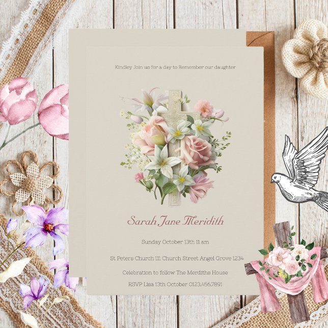 Invitation Baptême de la croix florale neutre (Neutral Floral Cross Baptism Invitation )