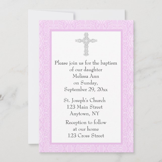 Invitation Baptême de la dentelle rose (Devant)