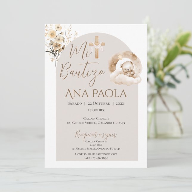 Invitation Baptême de la fille Boho avec un ours dans les nua (Debout devant)