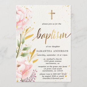 Invitation Baptême De La Fille De L'Aquarelle Dorée Et Rose