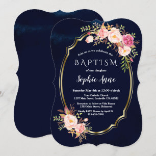 Invitation Baptême de la Royal Navy Blue Rose Floral Gold Gir
