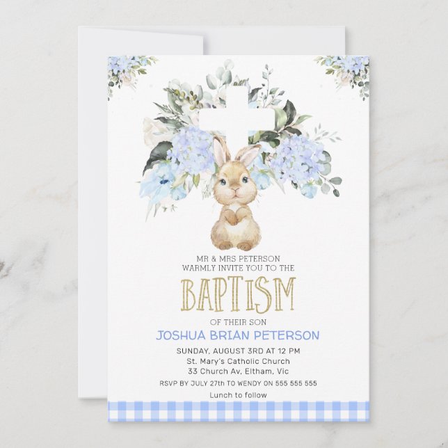 Invitation Baptême de lapin Plaid Floral Bleu Baptême (Devant)