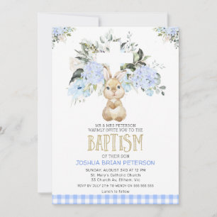 Invitation Baptême de lapin Plaid Floral Bleu Baptême
