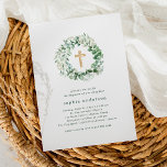 Invitation Baptême de l'Eucalyptus rustique<br><div class="desc">Cette élégante invitation au baptême ou au baptême neutre pour les deux sexes présente un arrière - plan blanc simple,  avec une jolie couronne d'eucalyptus aquarelle et une croix rustique en bois.</div>