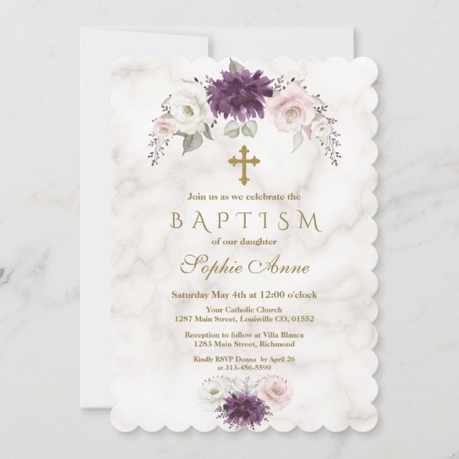 Invitation Baptême de luxe Lavender Blush Floral Cross Marbre (Devant)