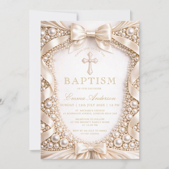 Invitation Baptême de luxe perle et ruban de satin (Devant)