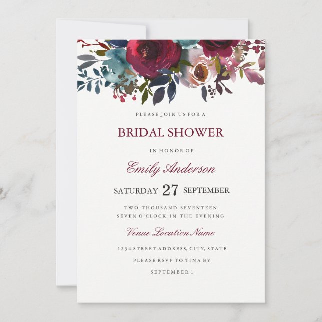 Invitation Baptême de mariage aquarelle florale Bourgogne (Devant)
