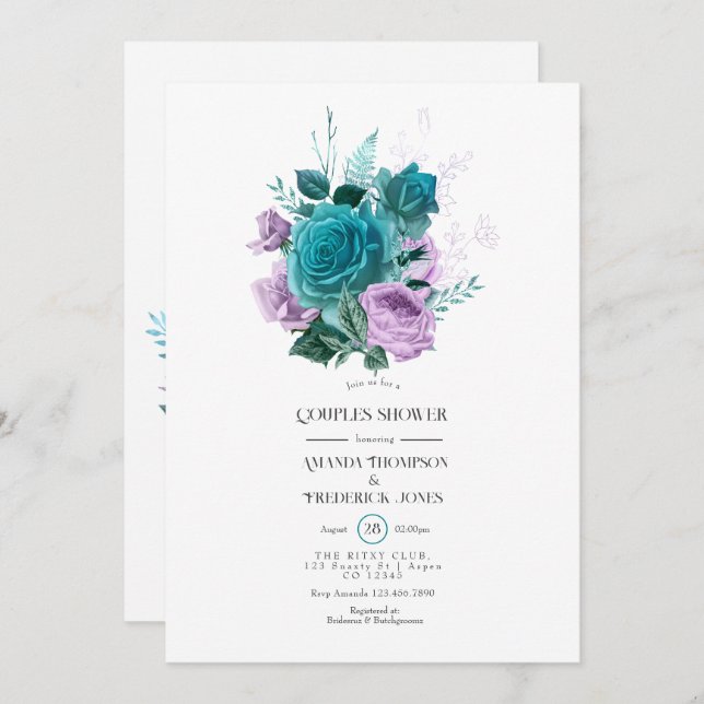 Invitation Baptême de mariage floral turquoise et lavande (Devant / Derrière)