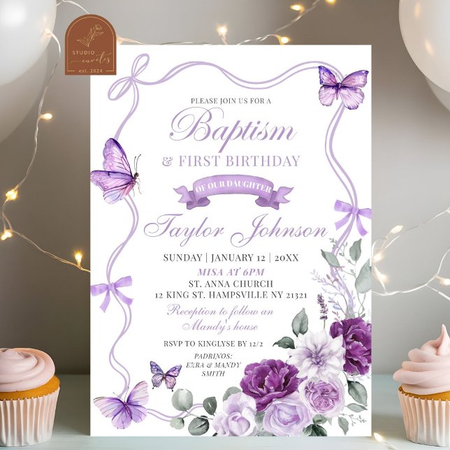 Invitation Baptême de papillon floral pourpre et premier anni (Créateur téléchargé)